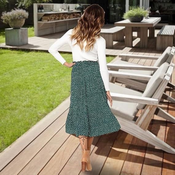 Green Midi Skirt With White Polka Dots image 3